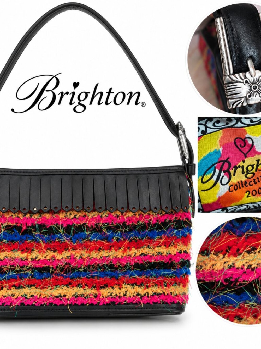 Brighton Leather Bag Colorful Woven Fringe Shoulder Purse Boho Statement Y2K